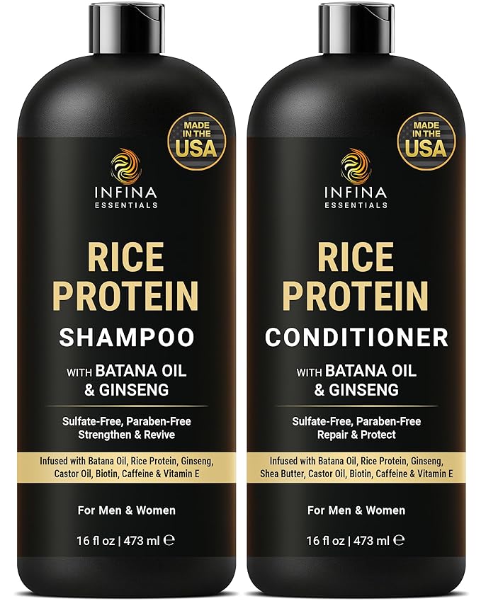 INFINA ESSENTIALS Rice Water Shampoo and Conditioner Set | 16 fl oz Each | with Batana Oil & Ginseng | Rice Shampoo for Repairing Damaged Hair | Strengthening & Thickening Formula | Made in USA
