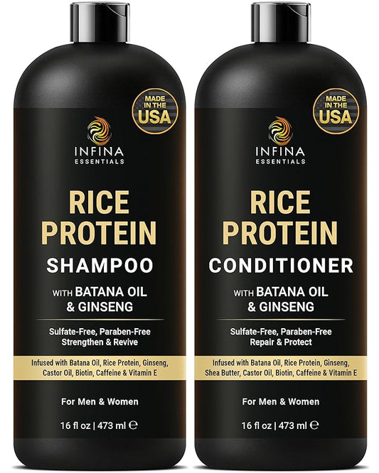 INFINA ESSENTIALS Rice Water Shampoo and Conditioner Set | 16 fl oz Each | with Batana Oil & Ginseng | Rice Shampoo for Repairing Damaged Hair | Strengthening & Thickening Formula | Made in USA