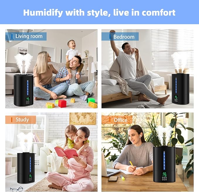 Coolfiqu 6L Humidifiers for Bedroom Large Room Home, Cool and Warm Humidifier for Plants Mist Top Fill Desk Humidifier Essential Oil Diffuser, Quiet Humidifiers with Adjustable Mist,360°Nozzle-Black