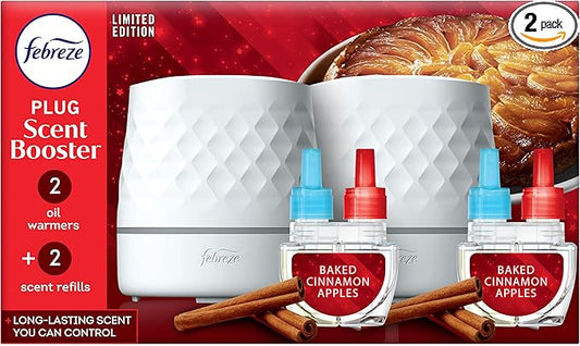 Febreze Plug Scent Booster Starter Kit, Oil Diffuser, Air Freshener Plug in, Continuous Scent, 2 Devices + 2 Baked Cinnamon Apple Refill