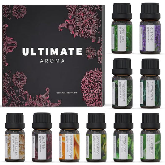 Essential Oils by Ultimate Aroma Top 10 Aromatherapy Oils Gift Set - Lavender/Tea Tree/Eucalyptus/Peppermint/Lemongrass/Sweet Orange/Bergamot/Frankincense/Rosemary/Ylang Ylang (10ml).