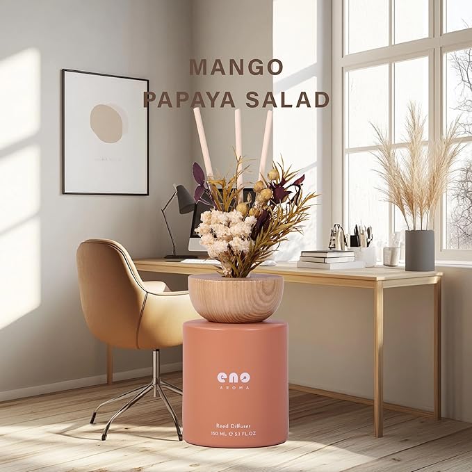 Reed Diffuser Set with Dried Flowers, 5.1oz Essential Oil Home Fragrance, Long Lasting Air Freshener for Bathroom Shelf Decor, Housewarming Gift, Mango Papaya Salad Scent