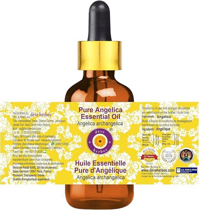 Deve Herbes Pure Angelica Essential Oil (Angelica archangelica) with Glass Dropper Natural Therapeutic Grade Steam Distilled 15ml (0.50 oz)