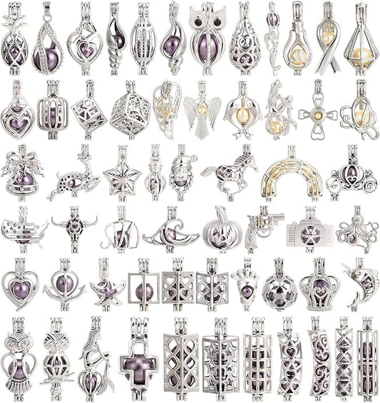 Mixed Pearl Cage Locket Pendants Set, Essential Oil Diffuser DIY Necklace Bracelet Jewelry Making Craft, Bulk Beads Aromatherapy Diffuser Charms Gifts for Women Girls