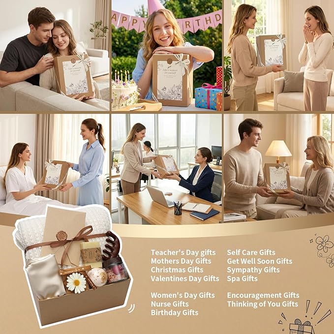 Self Care Gifts Baskets for Women, Relaxing Spa Care Package for Women, Mother's Day Birthday Gift Get Well Soon Gifts Baskets Thinking of You Gift, Spa Gift Basket with Bonnet & Massgae Comb, Beige