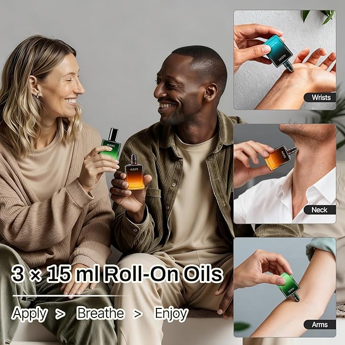 3 x 15ml Perfume Oil Set, Roll-On Essential Oil Set, Fragrance Rollerball Oil Gift Set for Him with Sea Whispers, Oud Enigma & Mint Scent, Travel Perfume Oils for Men, Father's Day & Birthday Gift