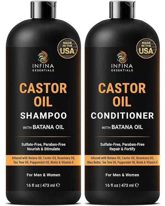 INFINA ESSENTIALS Castor Oil Shampoo and Conditioner Set | 16 fl oz Each | with Batana Oil | Strengthening, Thickening & Hydrating Formula | Supports Hair Growth & Fuller, Healthier Hair