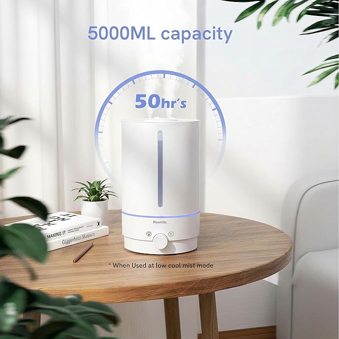 BlueHills Premium 5000 ML XL Cool and Warm Mist Ultrasonic Diffuser Humidifier Large Room Huge Coverage Area 5 Liter Big Capacity High Output 50 Hours Long Run Time Essential Oil Diffuser White W501