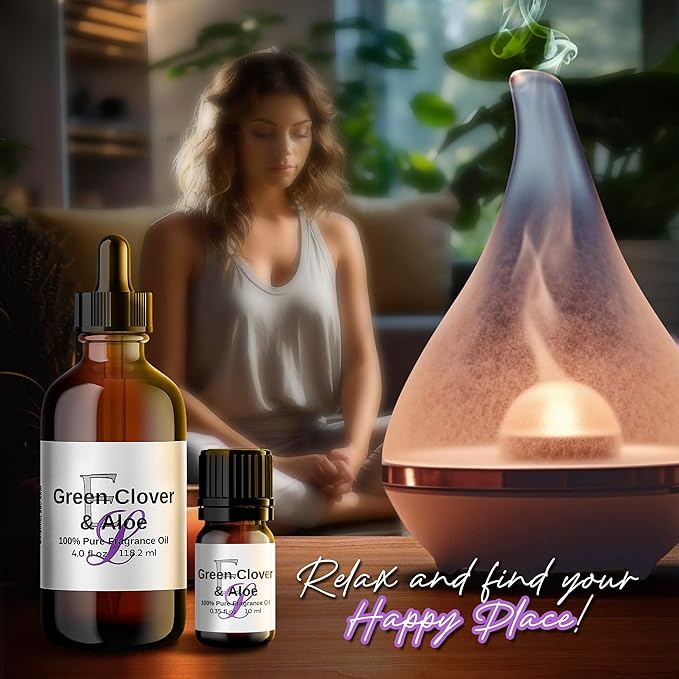 Green Clover & Aloe Fragrance Oil, 4 oz 4 Pack Premium, Long Lasting Diffuser Oils, Nostalgic, Clean & Fresh Essential Oils Similar to Disney World, Relaxing Crisp Green Leaf, Beach Waves Aromatherapy