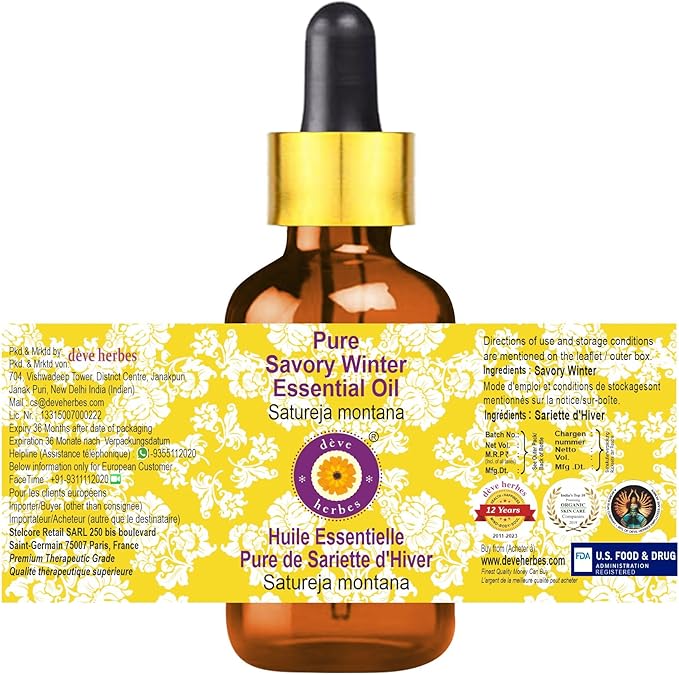 dève herbes Savory Winter Essential Oil (Satureja Montana) with Glass Dropper | Pure | Non-Sticky | Non-Greasy | Lightweight | Men & Women | All Skin Types | Steam Distilled 15ml (0.5 oz)