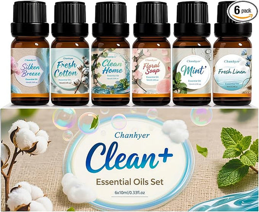 Clean Essential Oils Set 6 x 10ml–Fresh Linen, Mint,Clean Home,Silken Breeze, Fresh Cotton, Floral Soap for Diffuser, Home Fragrance