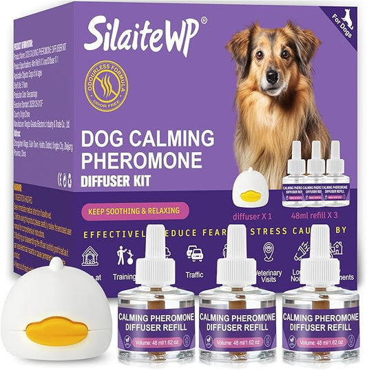 Calming Pheromone Diffuser for Dogs, 1 Diffuser 3 Refills, Relieves Separation Anxiety, Stress, Barking, and Chewing Calming Relaxation