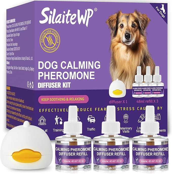 Calming Pheromone Diffuser for Dogs, 1 Diffuser 3 Refills, Relieves Separation Anxiety, Stress, Barking, and Chewing Calming Relaxation (1)