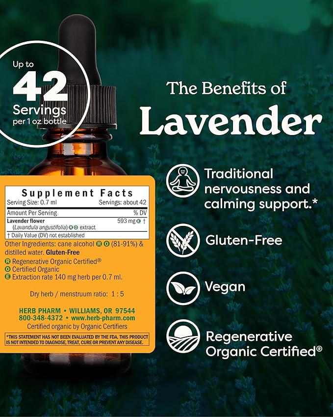 Herb Pharm Certified Organic Lavender Flower Liquid Extract for Calming Nervous System Support, 1 Fl Oz - Packaging May Vary