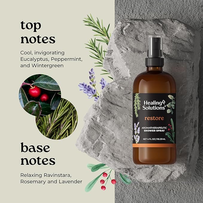 Healing Solutions Aromatherapy Shower Spray, Restore Blend, 4oz, Essential Oils, Made in the USA, At Home Spa Experience, Promotes Muscle Relaxation