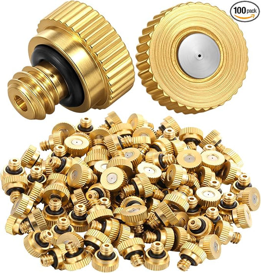 Zhengmy 100 Pcs 0.6mm Brass Misting Nozzles, Mister Nozzles Brass for Outdoor Cooling System Orifice 10/24 UNC Replacement Heads for Outdoor Cooling System