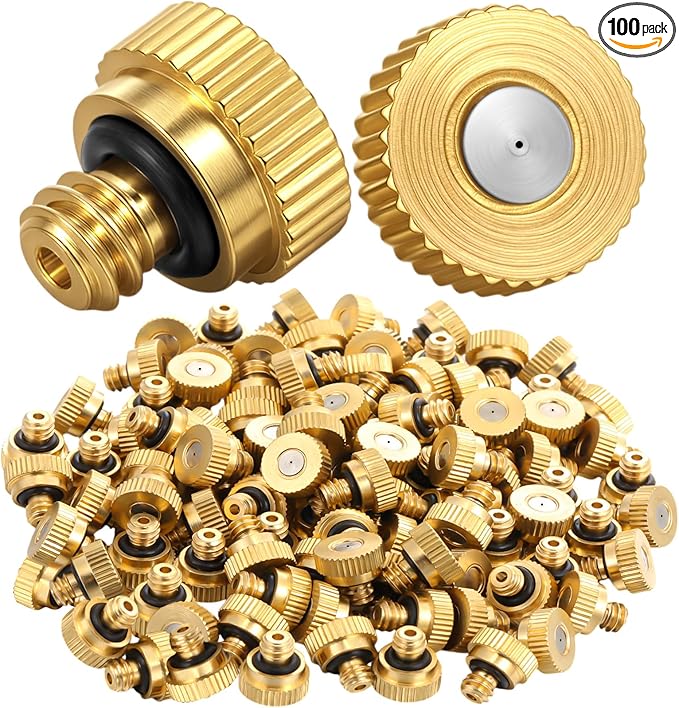 Zhengmy 100 Pcs 0.7 mm Brass Misting Nozzles, Mister Nozzles Brass for Outdoor Cooling System Orifice 10/24 UNC Replacement Heads for Outdoor Cooling System