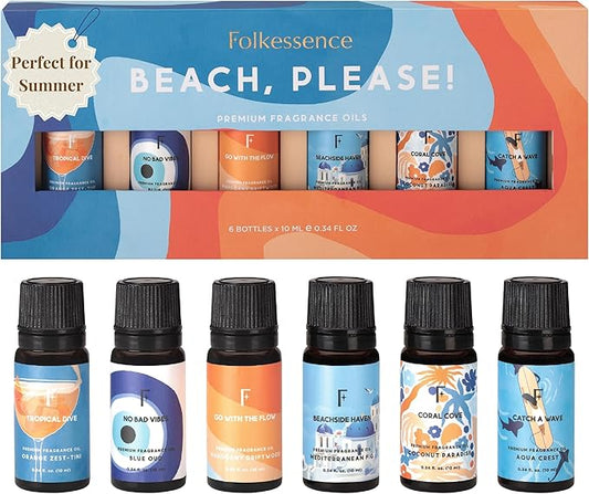 Folkulture Beach Essential Oil Set of 6 | Summer Essential Oils for Diffusers for Home, Humidifiers, Aromatherapy | Neroli, Grapefruit Fragrance Oil for Diffuser, Candle, Soap Making - Summer Vibes