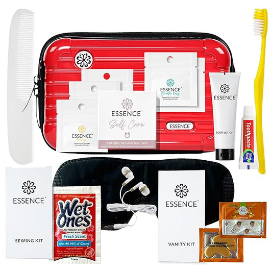 Essence Travel Amenity Kit | Travel Essentials & Travel Size Toiletries Kit | 5-Pack Nasal Diffuser Rings, Sleep Mask, Lotion & Hygiene Kit | Travel Toiletry Kit for Women | Red Case