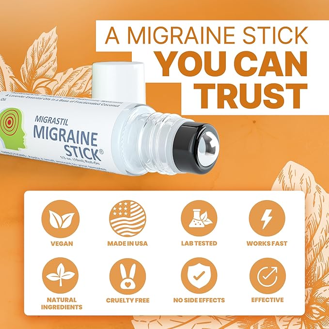 Basic Vigor Migrastil Migraine Stick Rollon - Fast Cooling Comfort for Your Head. Aromatherapy with Peppermint & Other Essential Oils. Metal Roller. Made in USA