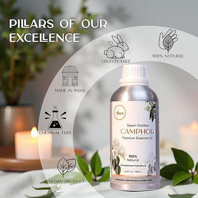 My Ace 100% Pure Camphor Essential Oil – Steam-Distilled Natural Oil for Diffuser, Aromatherapy, Soap & Candle Making – Paraben-Free, Vegan, Made in India 16 fl oz