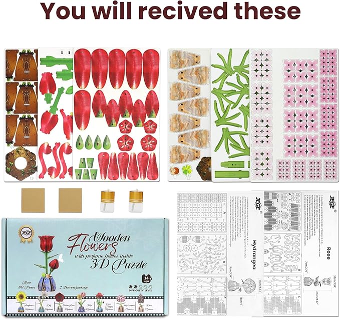 Jege 3D Flower Wooden Puzzles for Adults, DIY Building Set with 2 Flowers, 2 Perfume Bottles & Diffuser Sticks, Creative Craft Gifts & Home Decor (Rose + Hydrangea)
