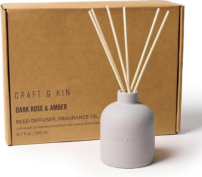 Craft & Kin Reed Diffuser for Home & Bathroom – Rose & Oud Holiday Reed Diffuser Set with Fragrance Sticks, Long-Lasting Alcohol-Free Scent, Earthenware Collection, 6.7oz