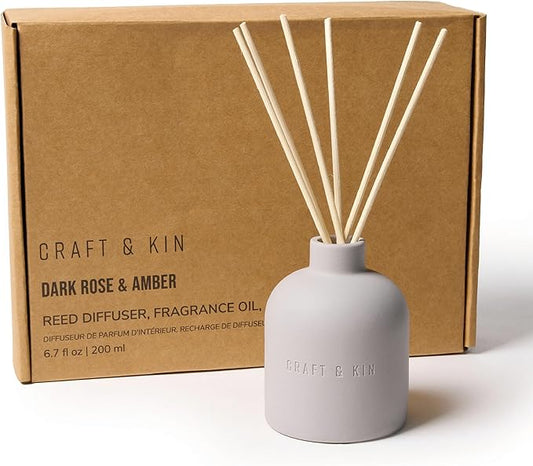 Craft & Kin Reed Diffuser for Home & Bathroom – Rose & Oud Holiday Reed Diffuser Set with Fragrance Sticks, Long-Lasting Alcohol-Free Scent, Earthenware Collection, 6.7oz