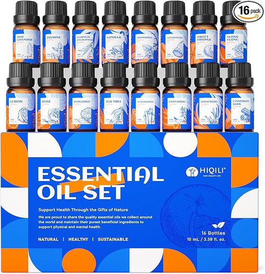 HIQILI Essential Oils Set,Top 16 Aromatherapy Oils for Diffusers for Home,Plant Therapy,Candle Making,Laundry Fragrance,Humidifiers,Skin Care