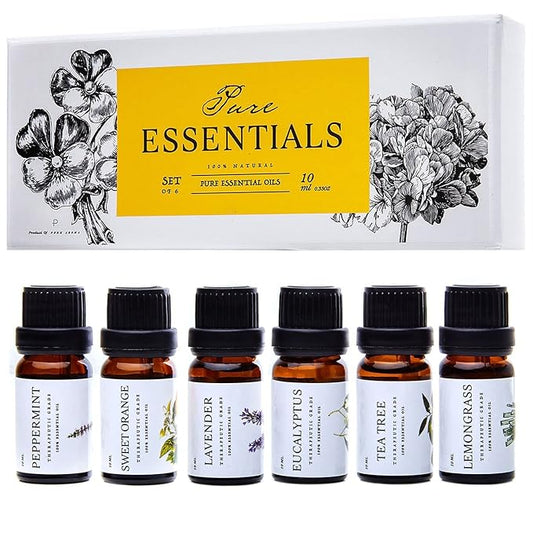 Essential Oils Set Pure Essentials - Top 6 Aromatherapy Oils Gift Set for Diffusers, Home Care, Candel Making, Fragrance -Eucalyptus, Lavender, Lemongrass, Sweet Orange, Peppermint, Tea Tree (10ml)