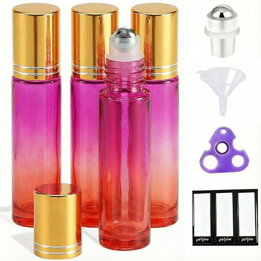 PrettyCare 4 Pack, 10 ml Essential Oil Roller Bottles with Stainless Steel Roller Ball - Refillable Leak-proof Empty Thick Red & Purple Glass Roll on Bottles with Golden Caps for Travel, Perfume