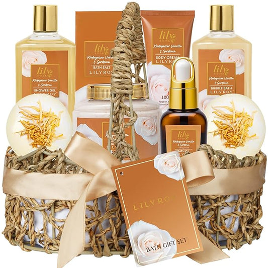 Mother's Day Gift Basket for Mom, Gifts for Women, Spa Gift Basket for Women - Vanilla Bath and Body Gift Basket Set, Pampering Spa Kit | Christmas Birthday, Perfect Holiday Gift for All Occasion