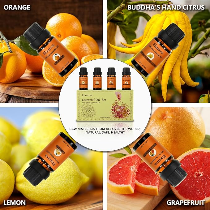 Essential Oils Set,4 Scents(Orange/Lemon/Grapefruit/Buddha's Hand Citrus),for Aromatherapy and Home Fragrance,Autumn Aroma Therapy Oil,Gift for Friends/Family (0.33Fl Oz*4, Fruit Set)