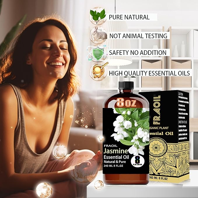 Jasmine Essential Oil, Jasmine Oil 8 Fl Oz 240ML for Diffuser Humidifier Yoga Cleaning DIY Candle Soap Making Perfume Gift for Women Essential Oils FRAOIL (Jasmine 8 Fl Oz (Pack of 1))