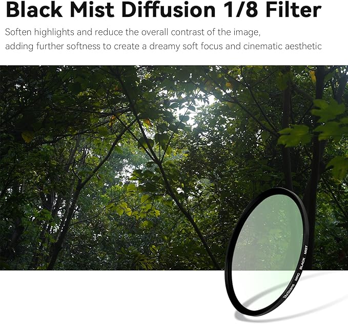 7artisans Black Mist Filter 1/8 Aluminum Alloy Natural Soft Diffuser Effect Dream Cinematic Effect Soft Focus Optical Glass Filter (77mm)