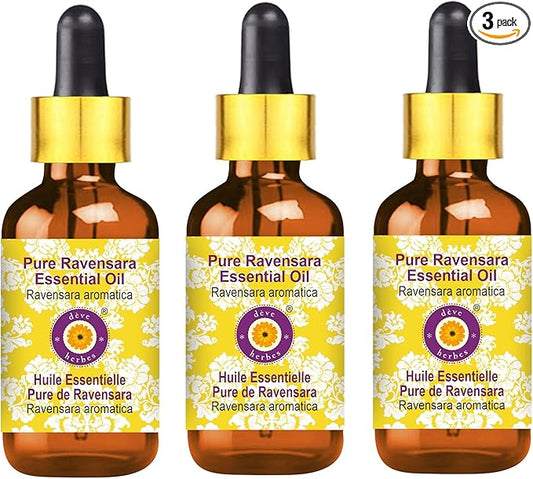 Deve Herbes Pure Ravensara Essential Oil (Ravensara aromatica) Steam Distilled with Glass Dropper (Pack of Three) 100ml X 3 (10 oz)