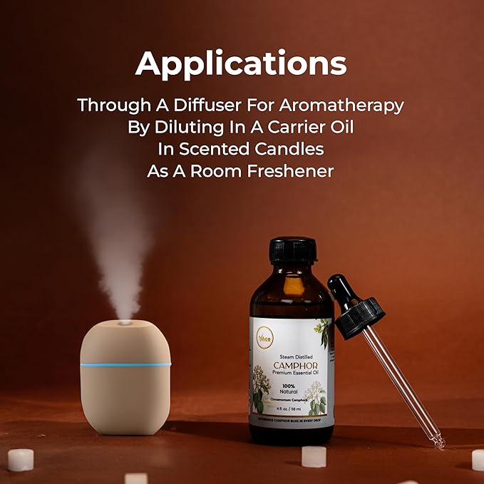 My Ace Camphor Essential Oil 4 Fl Oz – 100% Natural, Steam Distilled Camphor Oil – for Diffuser, Aromatherapy, Skin & Hair Care – Highly Concentrated – Includes Dropper