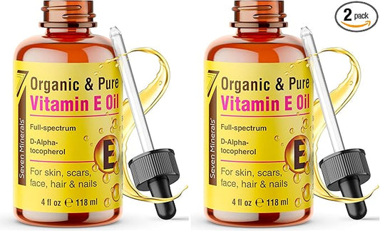 Seven Minerals Ultra Pure Vitamin E Oil - Full-Spectrum D-Alpha Tocopherol per 4 Oz Bottle - 100% Organic Vitamin E Oil for Skin, Face, Hair and Scars - Naturally Occurring:Not Synthetic. (Pack of 2)
