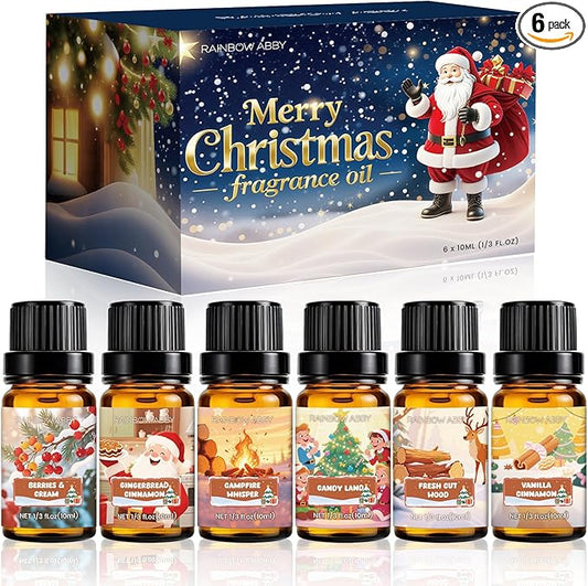 RAINBOW ABBY Christmas Fragrance Oil Set, Holiday Essential Oils for Diffuser, Fresh Cut Wood, Campfire Whisper, Candy Land, Gingerbread Cinnamon, Vanilla Cinnamon, Berries & Cream, 6X 10ml