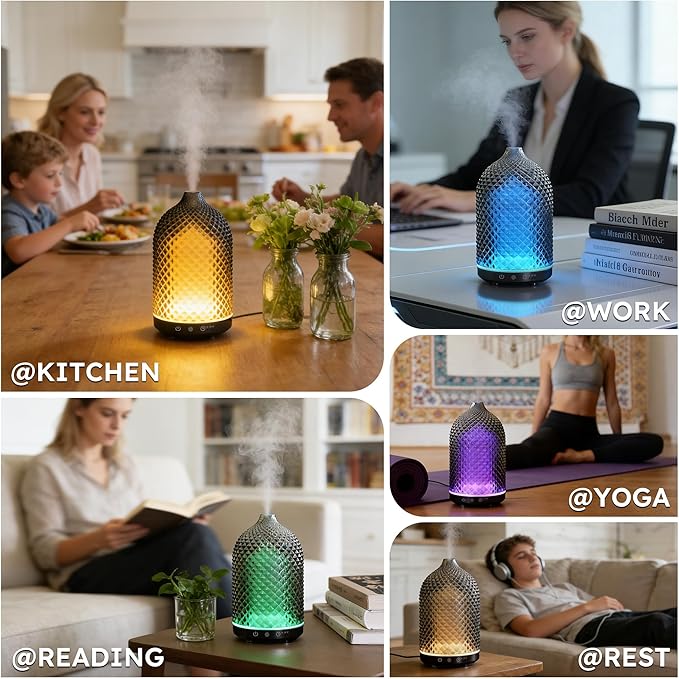 Essential Oil Diffuser 150ml,Glass Aromatherapy Diffuser with Ultrasonic Cool Mist, 7 Color LED Lights, 1/2/4H Timer, Quiet Auto Shut-Off Oil Diffuser for Bedroom, Home, Office (Black)