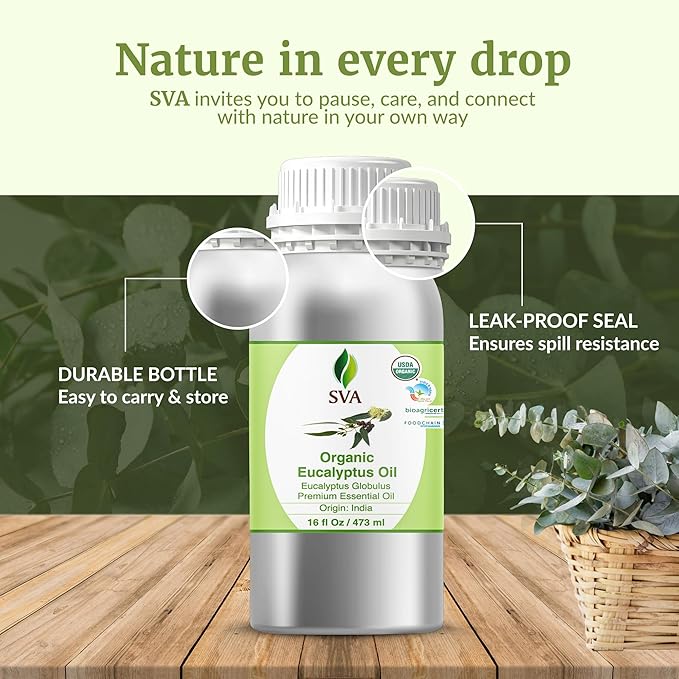 SVA Eucalyptus Essential Oil Organic – 16 Fl Oz – 100% Natural Organic Eucalyptus Oil for Hair, Face, Skin Care, Diffuser, Aromatherapy, Scalp, Body Massage, Soap and Candle Making
