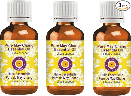 Deve Herbes Pure May Chang Essential Oil (Litsea cubeba) Steam Distilled (Pack of Three) 100ml X 3 (10 oz)