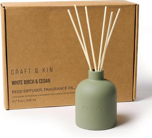 Craft & Kin Reed Diffuser for Home & Bathroom – White Birch & Cedar Holiday Reed Diffuser Set with Fragrance Sticks, Long-Lasting Alcohol-Free Winter Scent, Earthenware Collection, 6.7oz