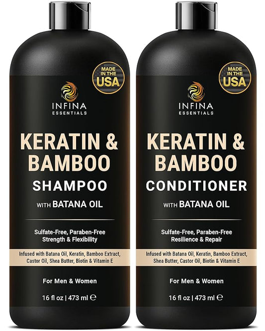 INFINA ESSENTIALS Keratin Shampoo and Conditioner Set | Frizz Control & Smoothing with Batana Oil & Bamboo Extract | Sulfate-Free | Men & Women | 16 fl oz Each