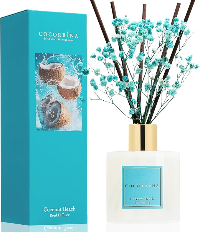 COCORRÍNA Reed Diffuser - Coconut Beach 6.7 fl oz Reed Diffuser with Sticks, Bedroom Bathroom Shelf Decor