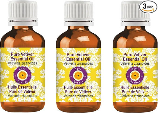 Deve Herbes Pure Vetiver Essential Oil (Vetiveria zizanoides) Steam Distilled (Pack of Three) 100ml X 3 (10 oz)