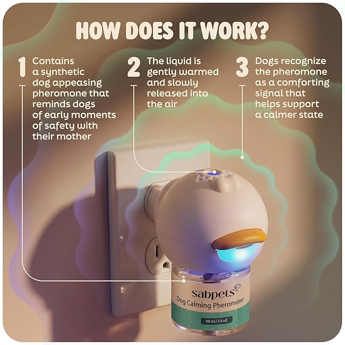 Dog Calming Diffuser Kit with Toy – Helps Reduce Barking, Pee Accidents & Separation Anxiety – Pheromone Plug-in for Dogs – 2 Diffusers + 2 Refills