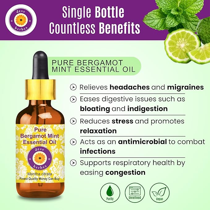 Deve Herbes Pure Bergamot Mint Essential Oil (Mentha citrata) with Glass Dropper Steam Distilled 50ml (1.69 oz)