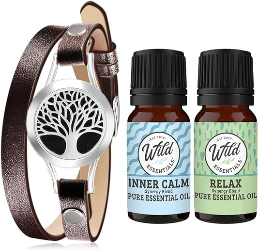 Wild Essentials Brown Tree of Life Diffuser Wrap Bracelet Kit – Adjustable 5"–7.5" Leather + 316L Stainless Steel Locket, 12 Color Pads (17mm) – Includes Inner Calm & Relax (2 x 10ml)