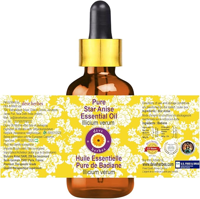 Deve Herbes Pure Star Anise Essential Oil (lllicium verum) with Glass Dropper Steam Distilled 5ml (0.16 oz)